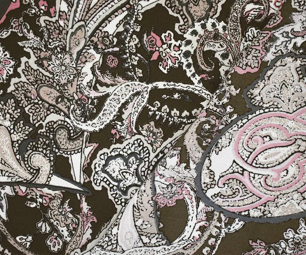 3 YD PC-Brown-Pink-Multi Poly Paisley Printed Crepe Momie Georgette Fabric