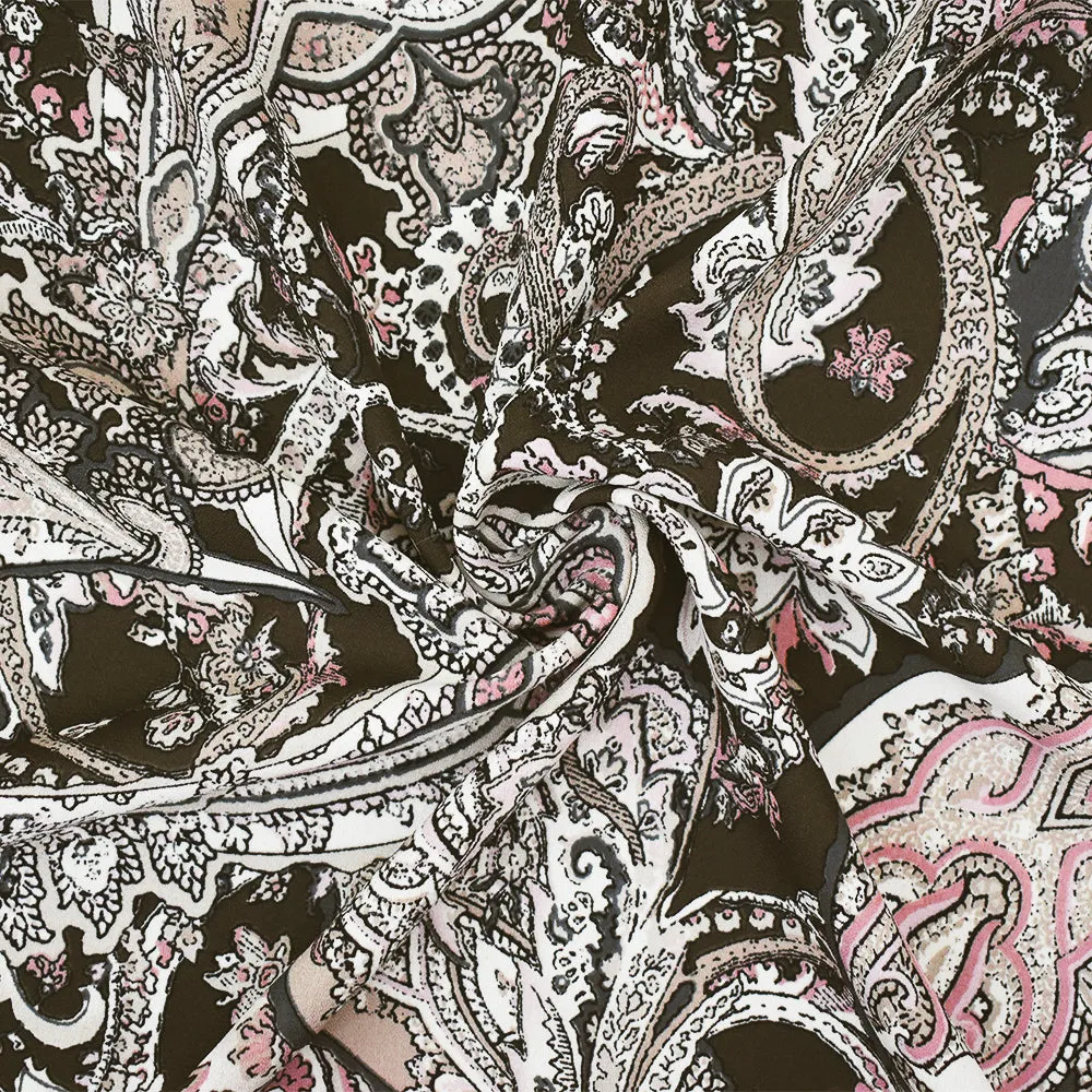 3 YD PC-Brown-Pink-Multi Poly Paisley Printed Crepe Momie Georgette Fabric