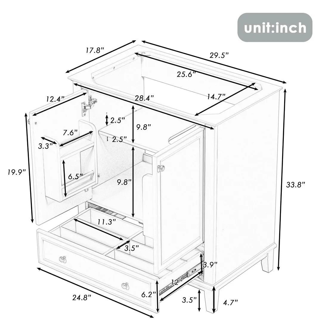 30" Bathroom Vanity Base, No Sink, Multi-Functional Cabinet, Doors & Drawer, Solid Frame & MDF, Green