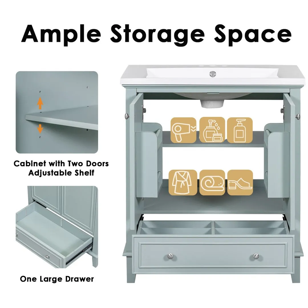 30" Bathroom Vanity Base, No Sink, Multi-Functional Cabinet, Doors & Drawer, Solid Frame & MDF, Green