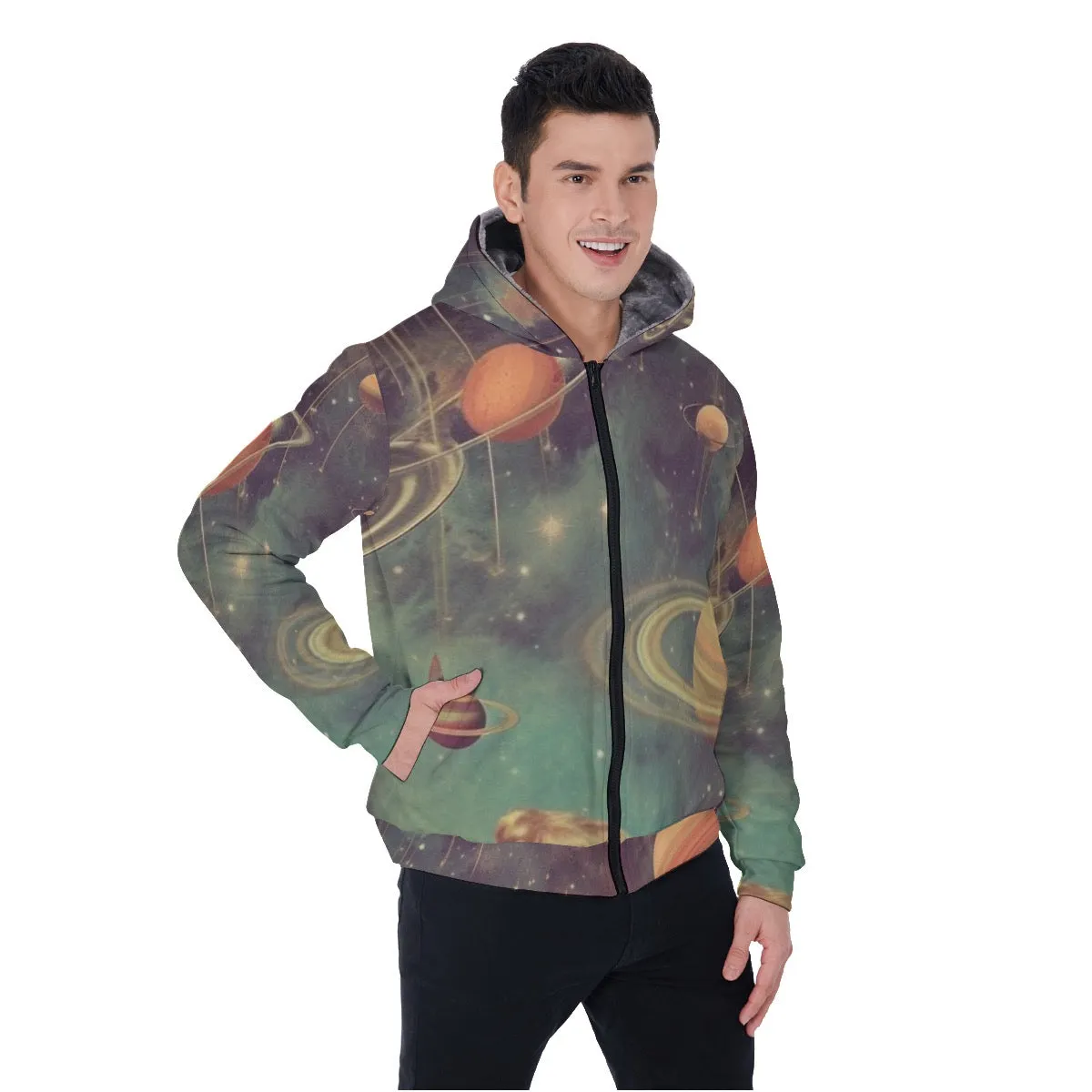 All-Over Print Men's Sherpa Fleece Zip Up Hoodie, space themed, print, #25ii