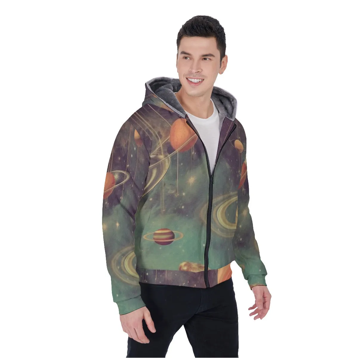 All-Over Print Men's Sherpa Fleece Zip Up Hoodie, space themed, print, #25ii