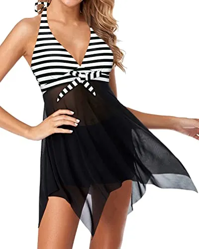 Asymmetrical V Neck Swimdress With Tummy Control Boy Shorts-Black And White Stripe