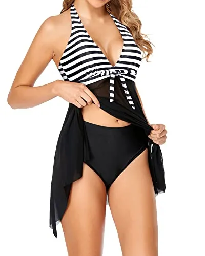 Asymmetrical V Neck Swimdress With Tummy Control Boy Shorts-Black And White Stripe