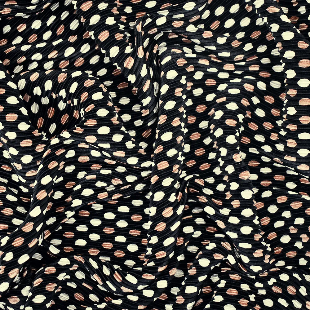 Black-Copper-White Dot Printed Stretch Pressed Pleated Satin Knit Fabric