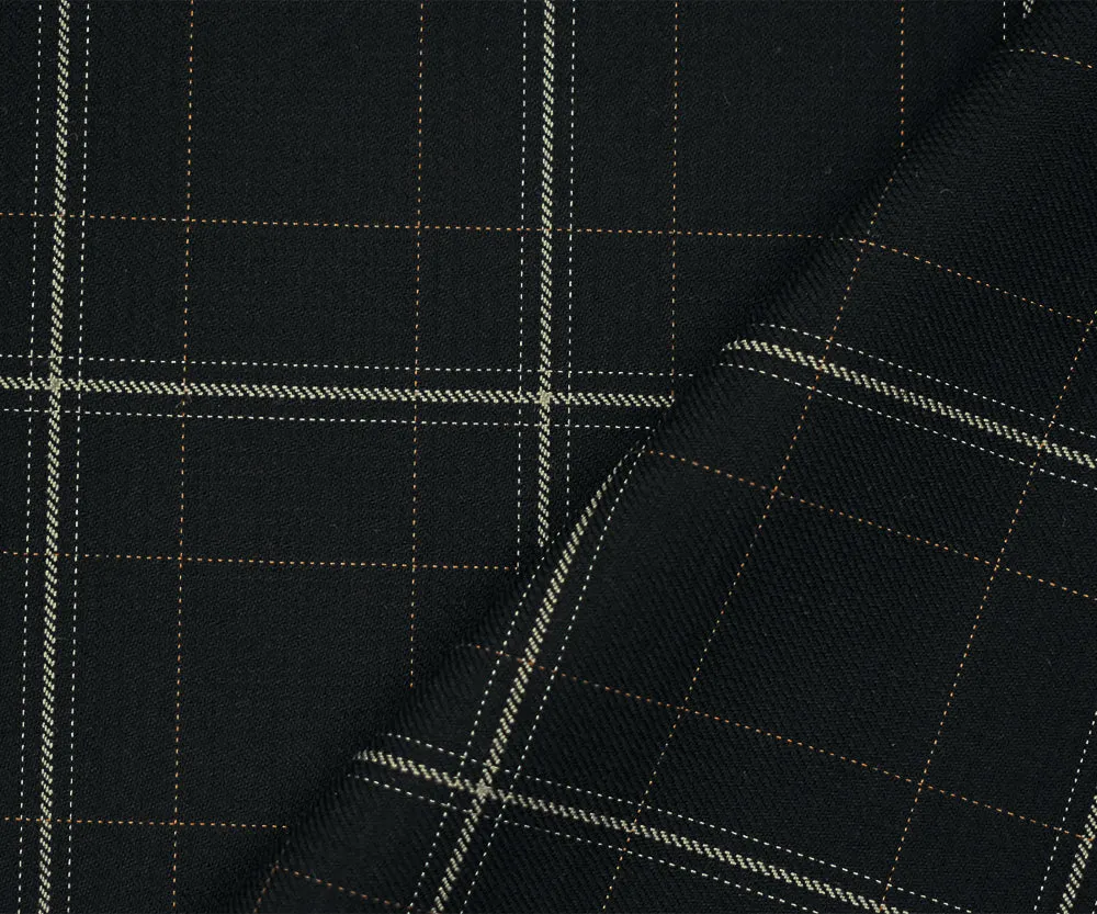 Black-Gray-Brown Wool Polyester Grid Plaid Twill Suiting Fabric