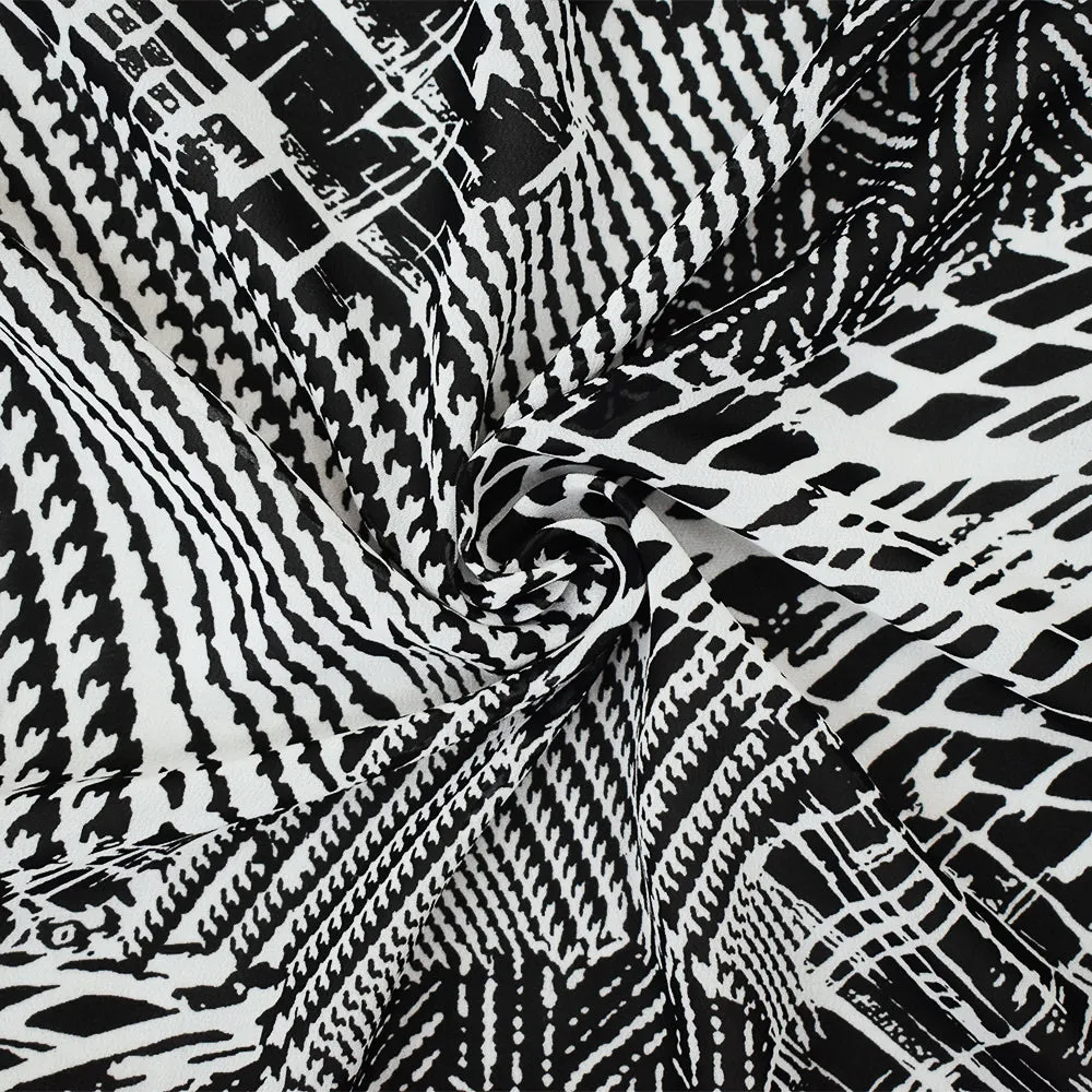 Black-White Abstract Texture Printed Poly Chiffon Woven Fabric