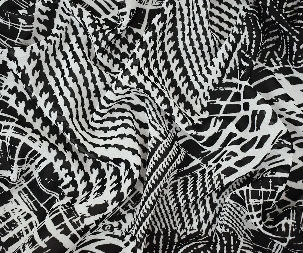 Black-White Abstract Texture Printed Poly Chiffon Woven Fabric