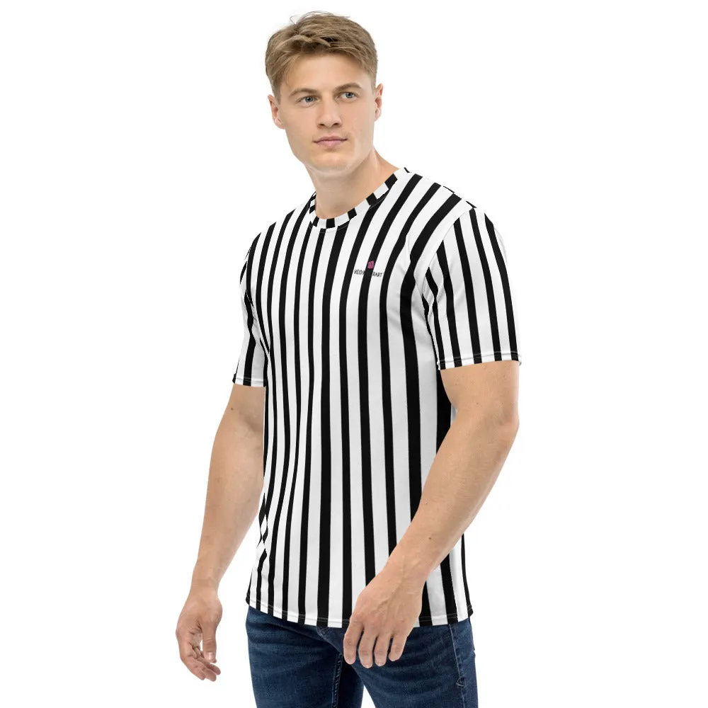 Black White Striped Men's T-shirt, Vertically Striped Premium Tees For Men-Made in USA/EU/MX