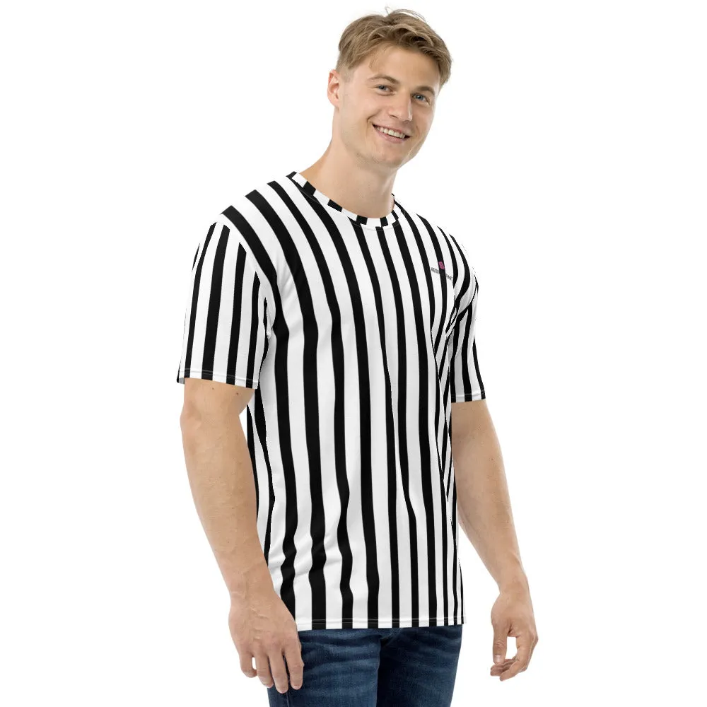 Black White Striped Men's T-shirt, Vertically Striped Premium Tees For Men-Made in USA/EU/MX