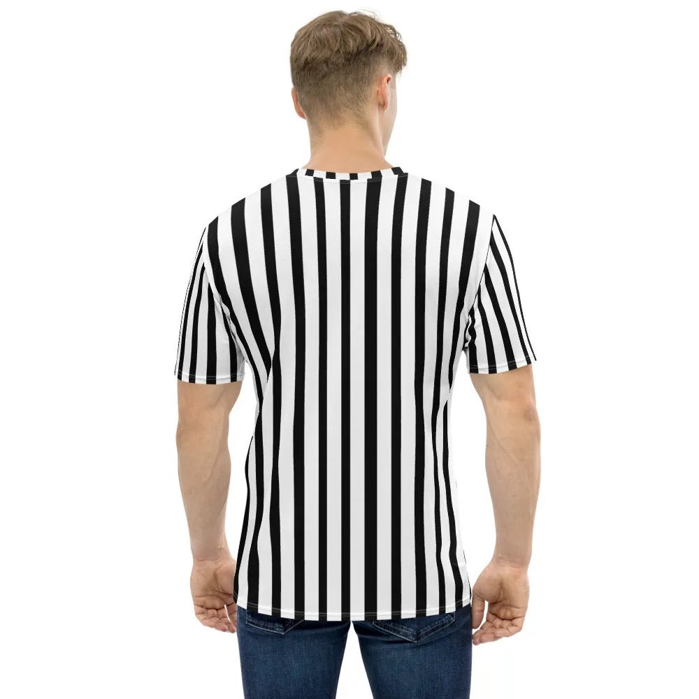 Black White Striped Men's T-shirt, Vertically Striped Premium Tees For Men-Made in USA/EU/MX