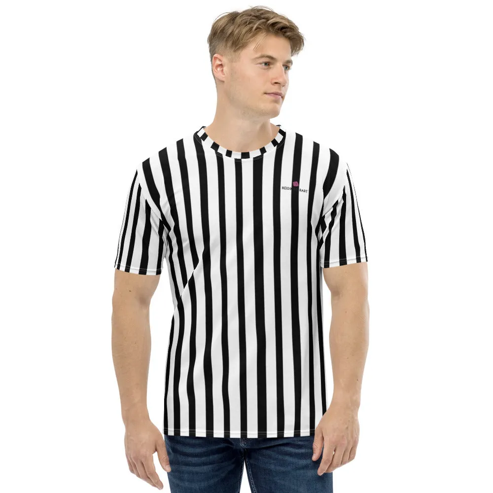 Black White Striped Men's T-shirt, Vertically Striped Premium Tees For Men-Made in USA/EU/MX