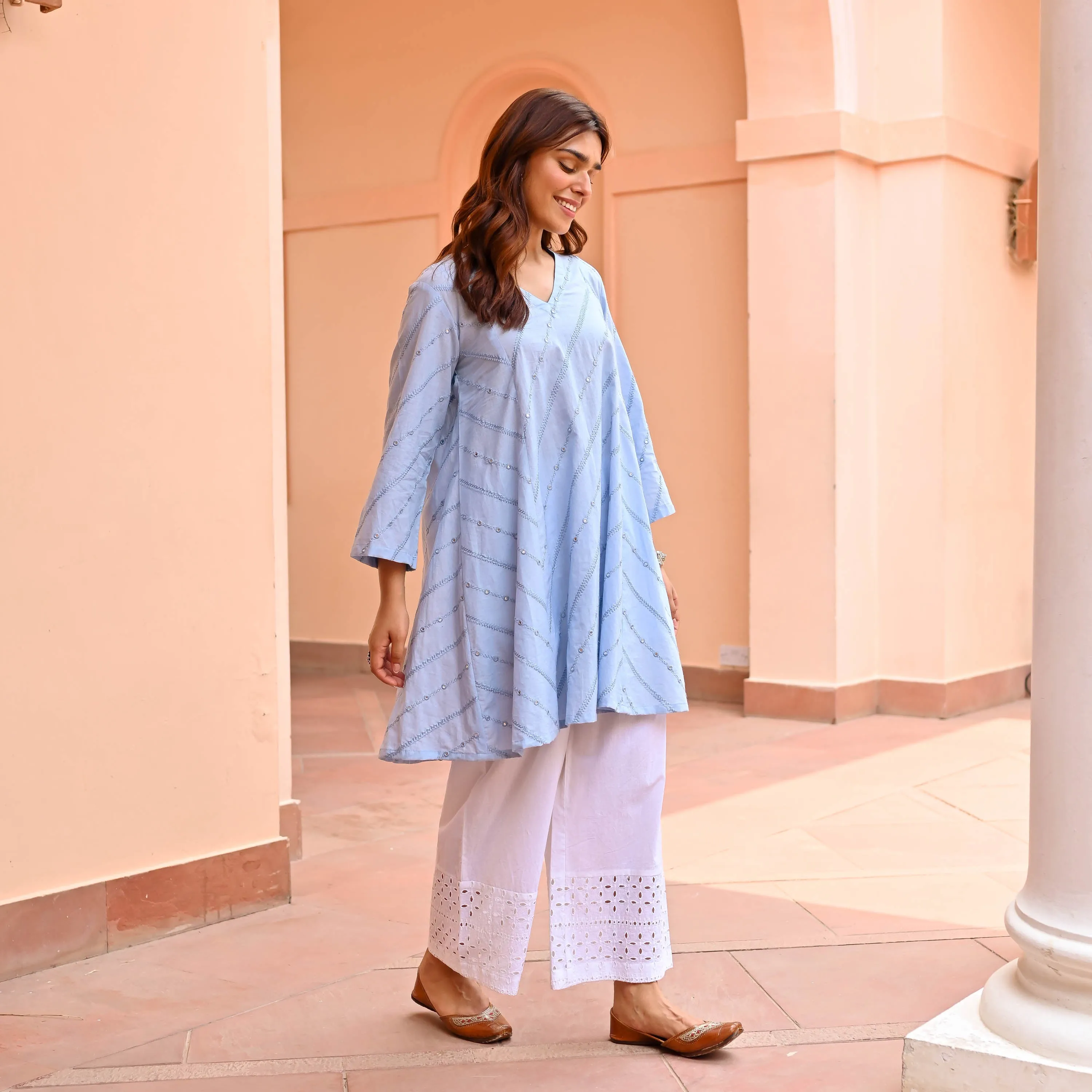 Blue Embroidered Cotton Kurta Pants