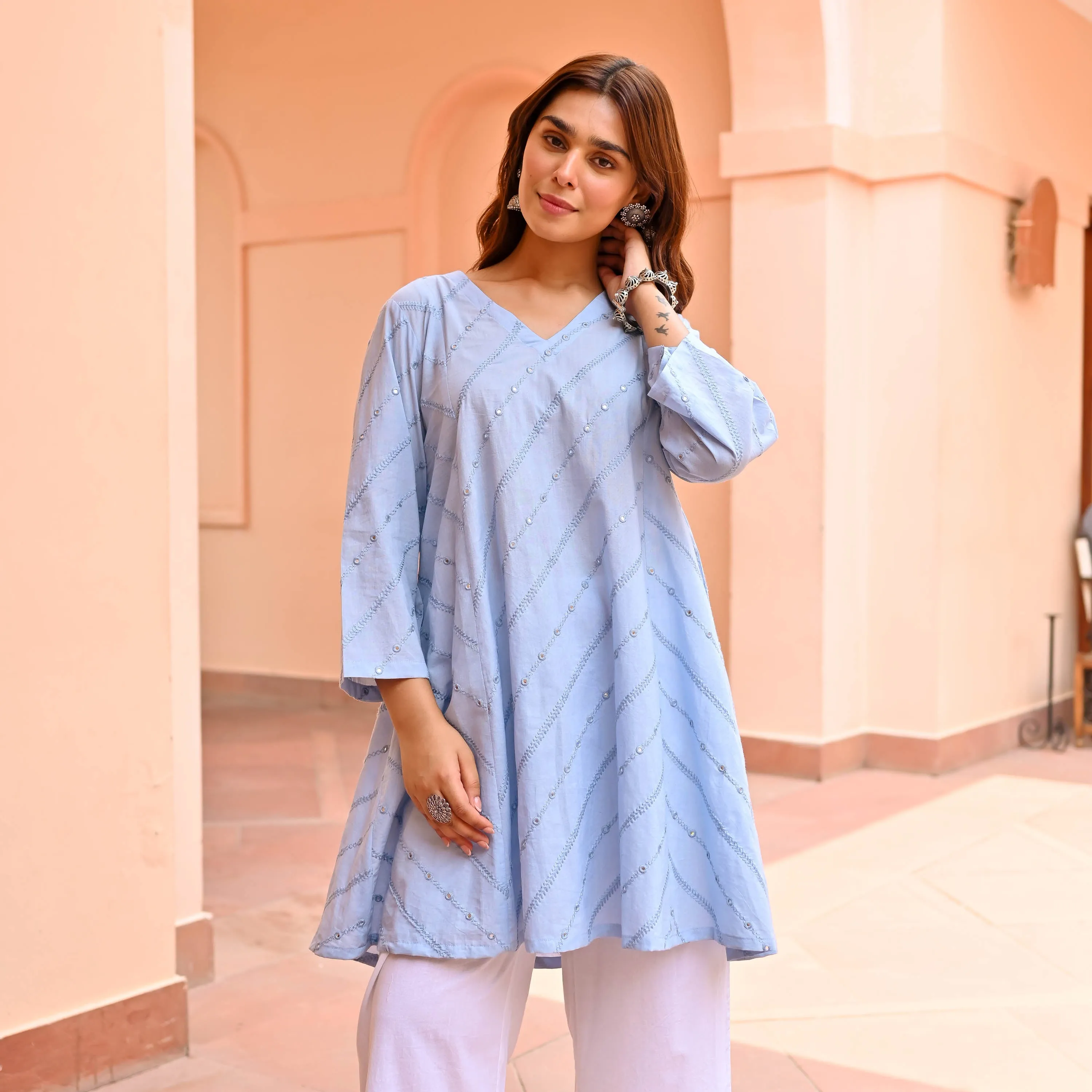 Blue Embroidered Cotton Kurta Pants