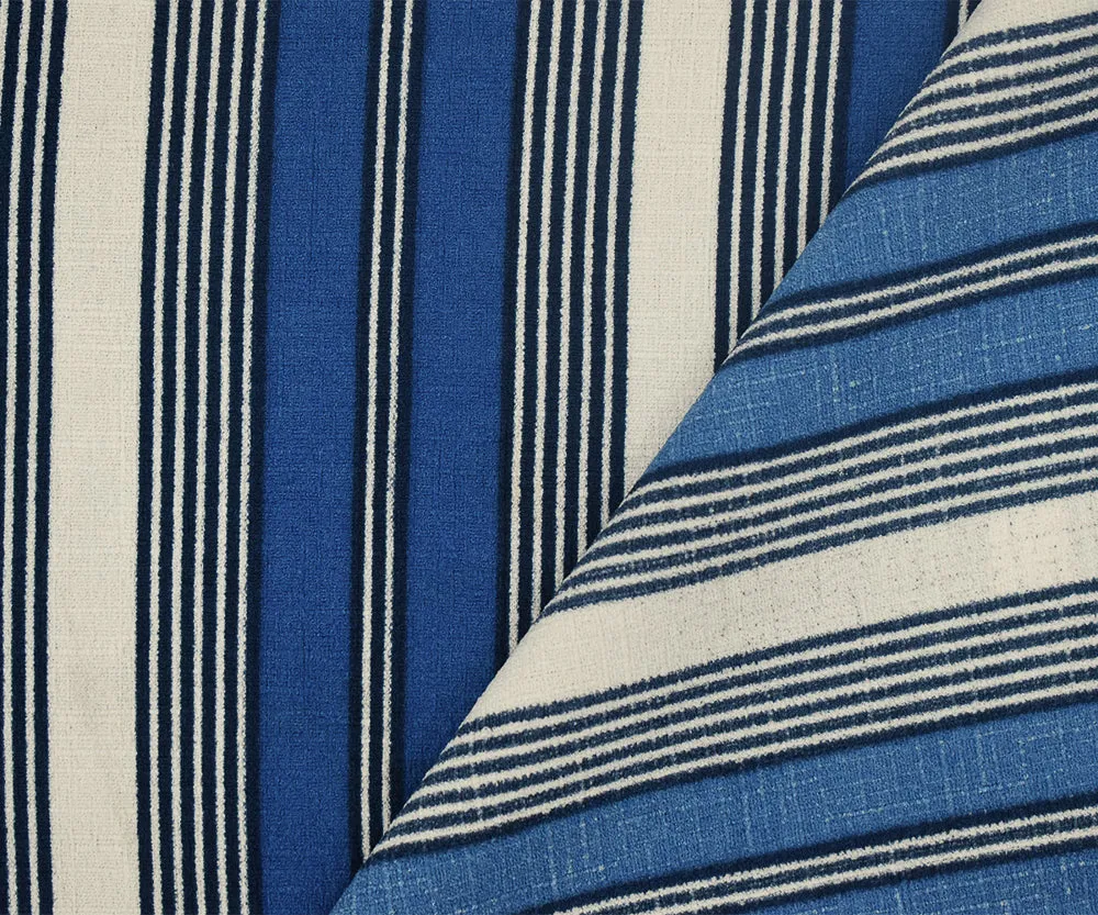 Blue-White Stripe Printed Poly Stretch Crepe Momie Woven Fabric