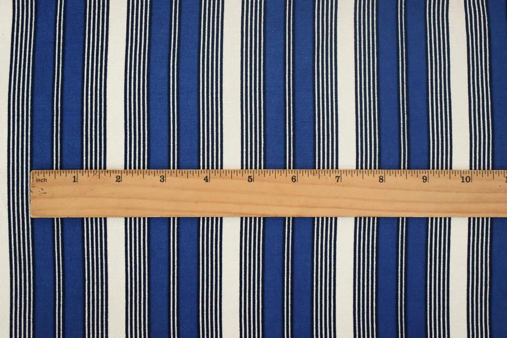 Blue-White Stripe Printed Poly Stretch Crepe Momie Woven Fabric