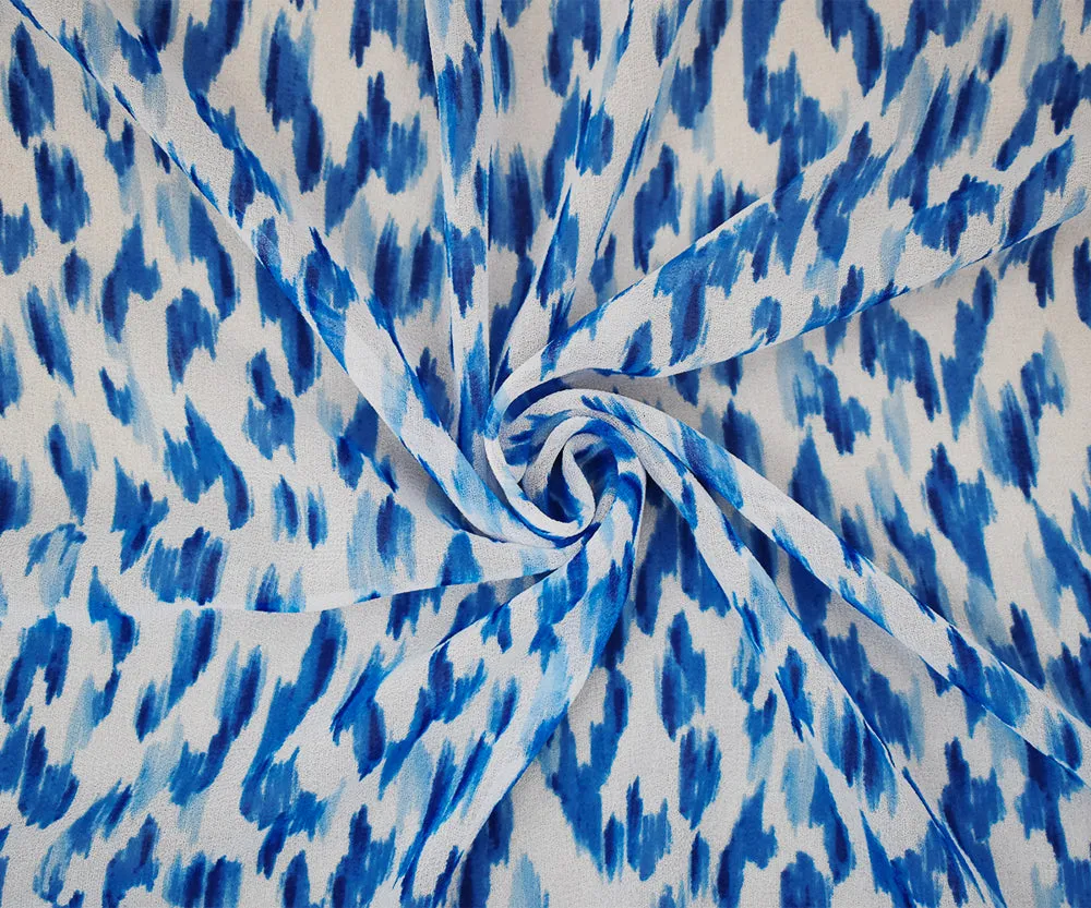 Blue-White Watercolor Ikat Pattern Printed Pebble Chiffon Fabric