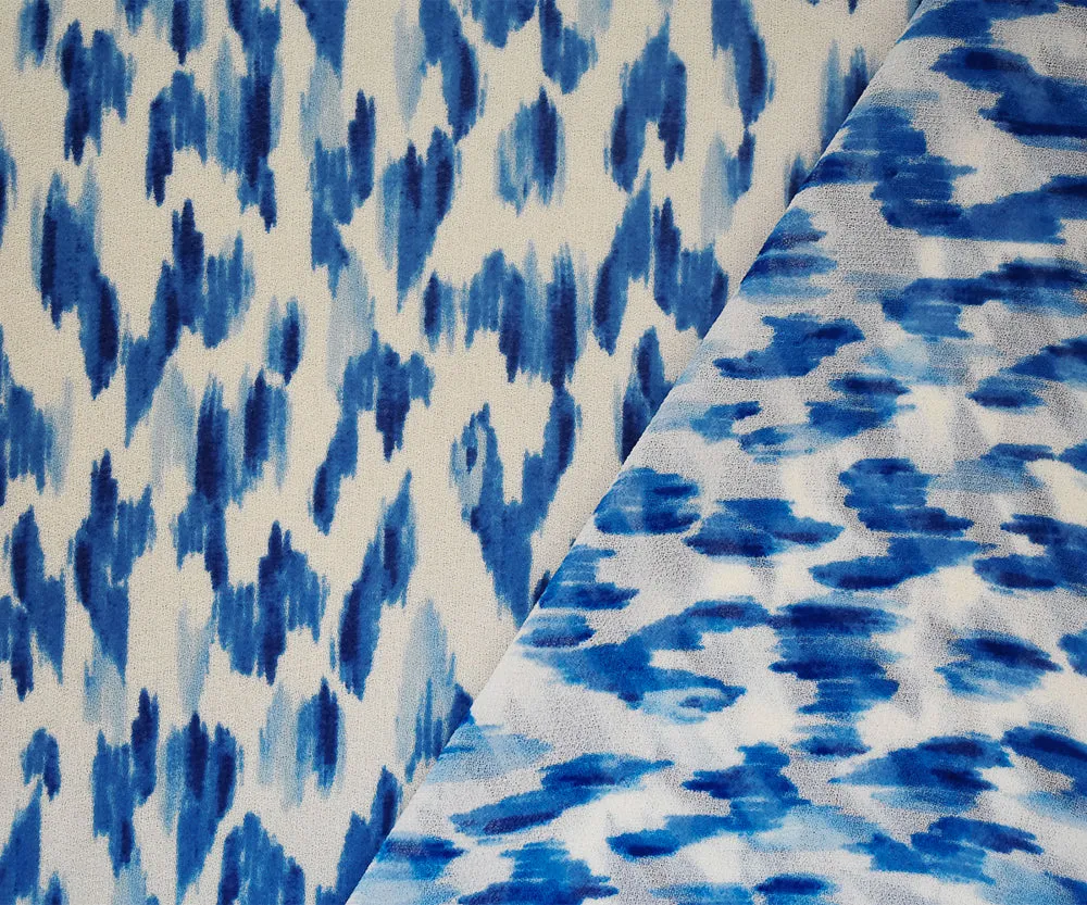 Blue-White Watercolor Ikat Pattern Printed Pebble Chiffon Fabric