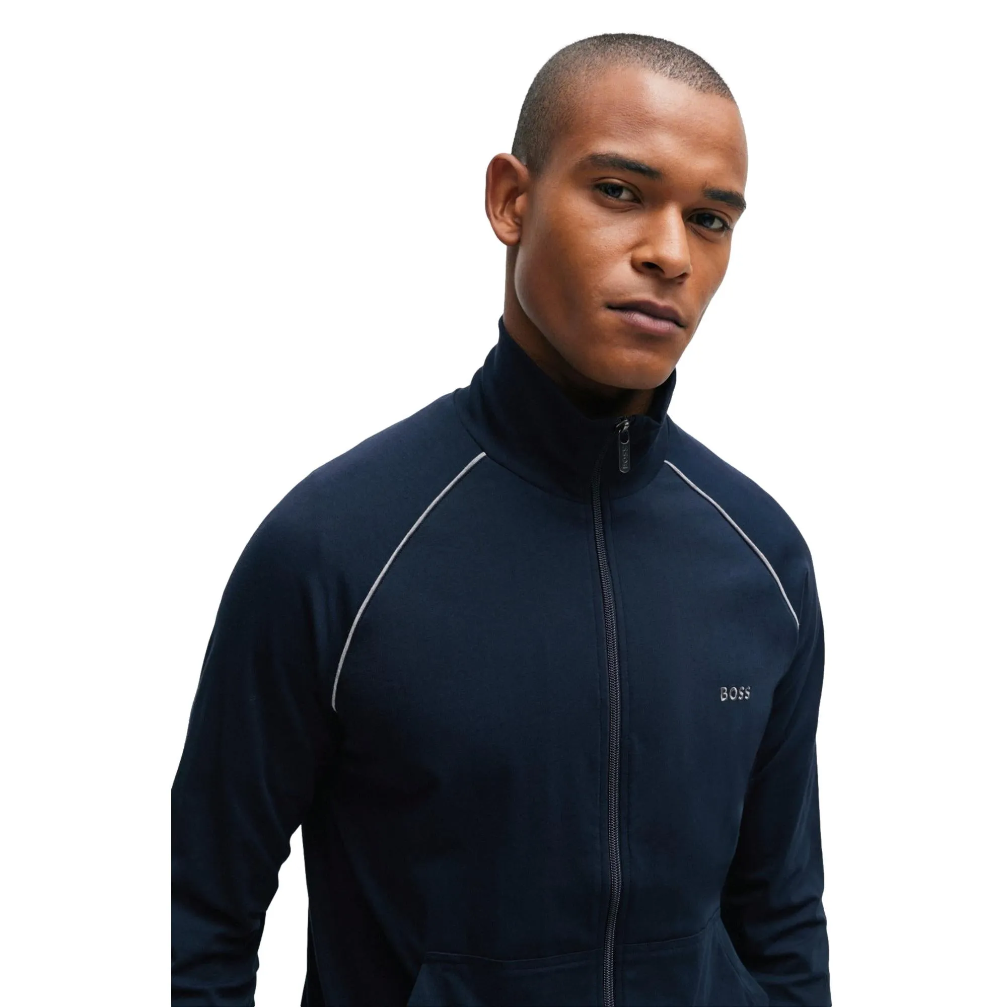 BOSS Men Mix & Match Stretch-Cotton Zip Up Jacket With Logo Detail - Dark Blue