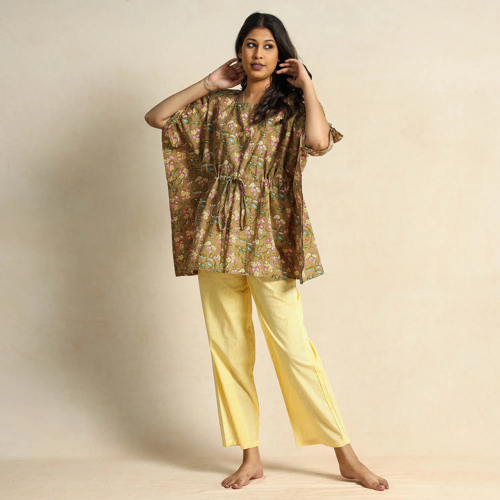 Brown - Block Printed Cotton Kaftan Pyjama Night Suit Set