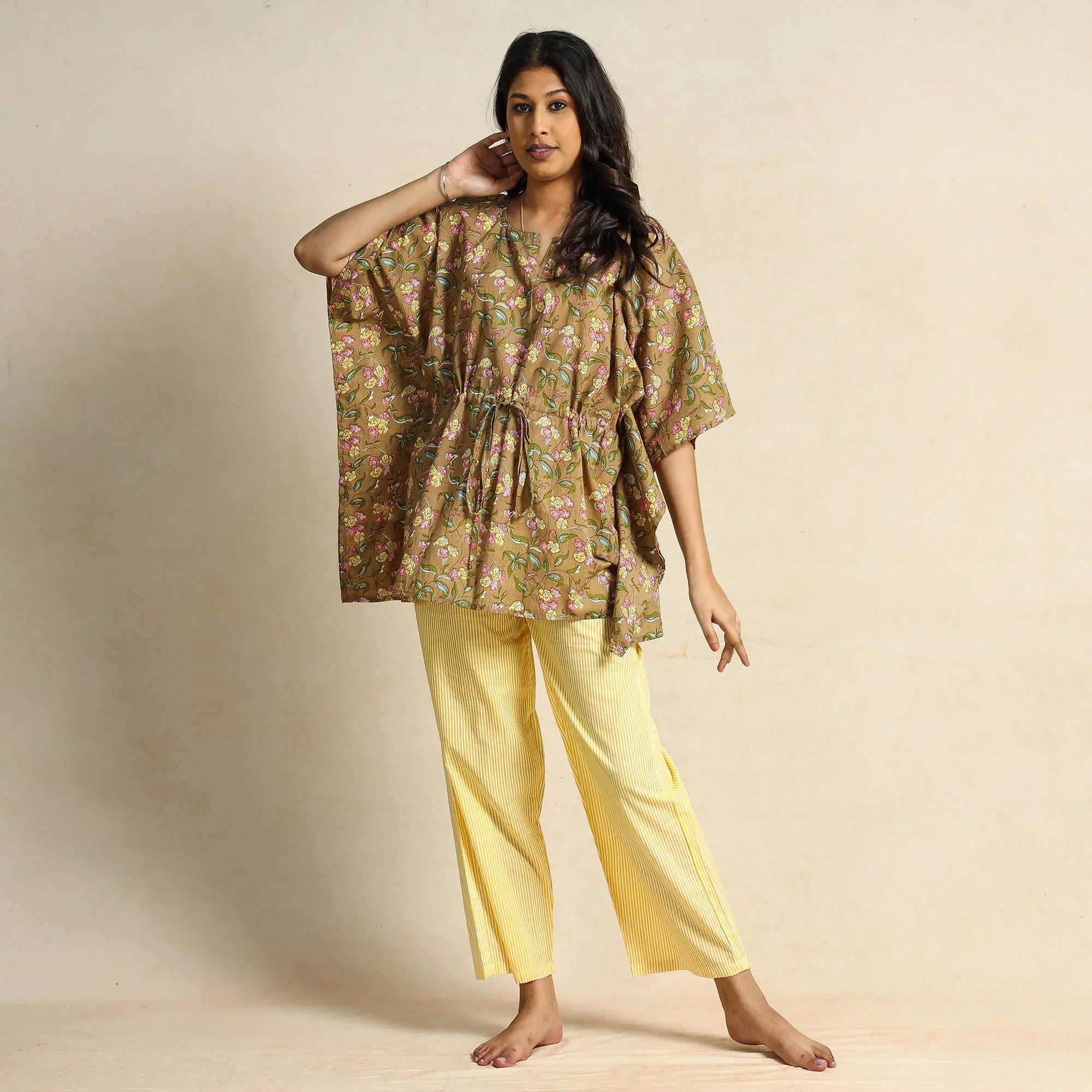 Brown - Block Printed Cotton Kaftan Pyjama Night Suit Set