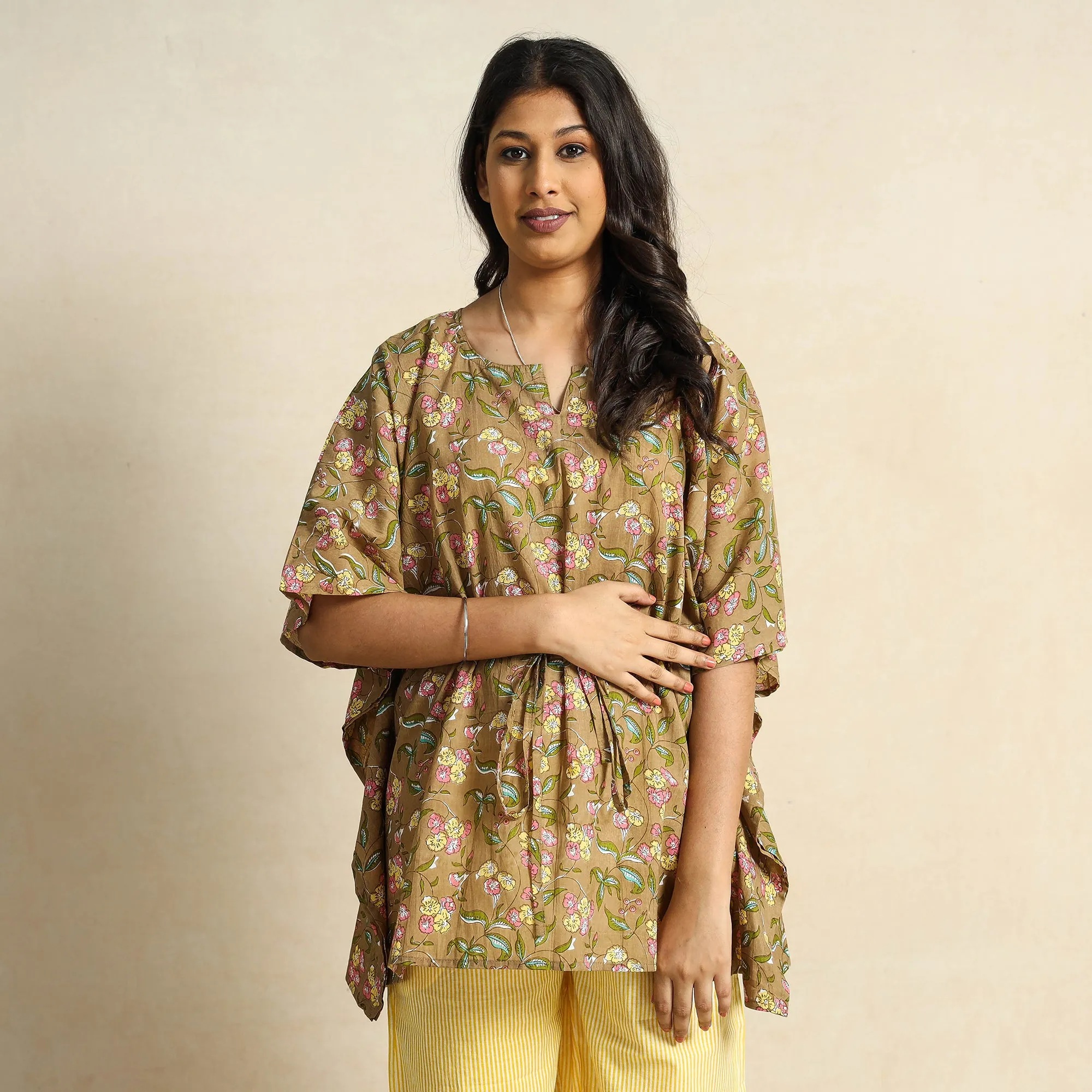 Brown - Block Printed Cotton Kaftan Pyjama Night Suit Set