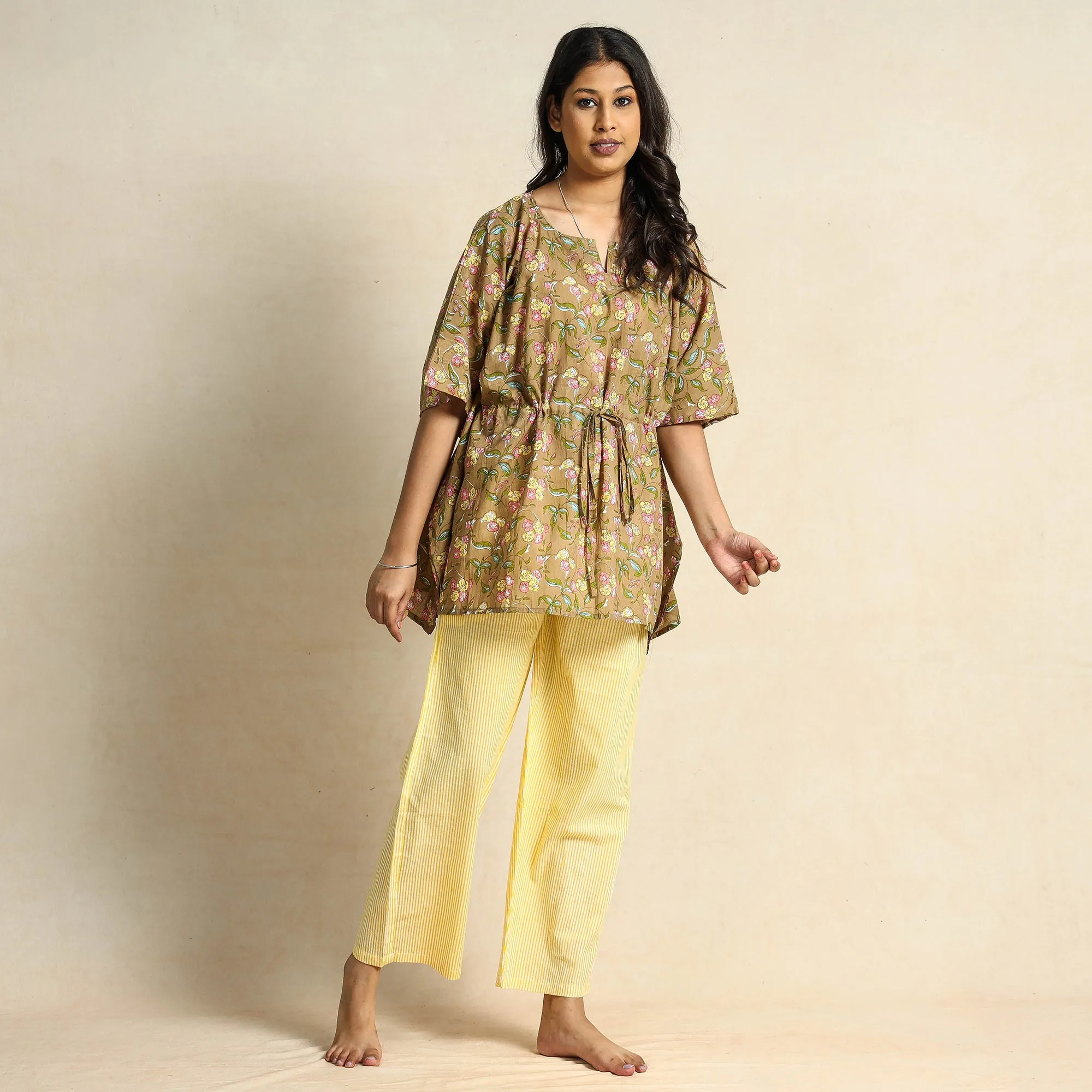 Brown - Block Printed Cotton Kaftan Pyjama Night Suit Set