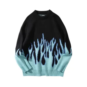 CLEARANCE / Cool Retro Sweater with Blue Flame Pattern / O-neck Oversize Casual Sweaters