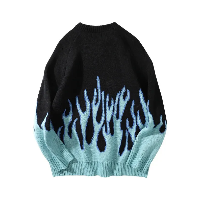 CLEARANCE / Cool Retro Sweater with Blue Flame Pattern / O-neck Oversize Casual Sweaters