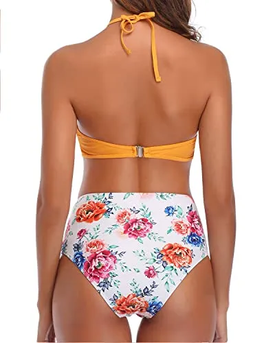 Criss Cross Adjustable Strap High Waisted Full Coverage Bikini-Yellow Floral