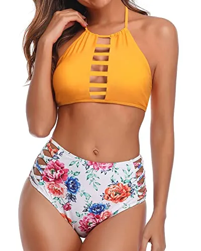 Criss Cross Adjustable Strap High Waisted Full Coverage Bikini-Yellow Floral