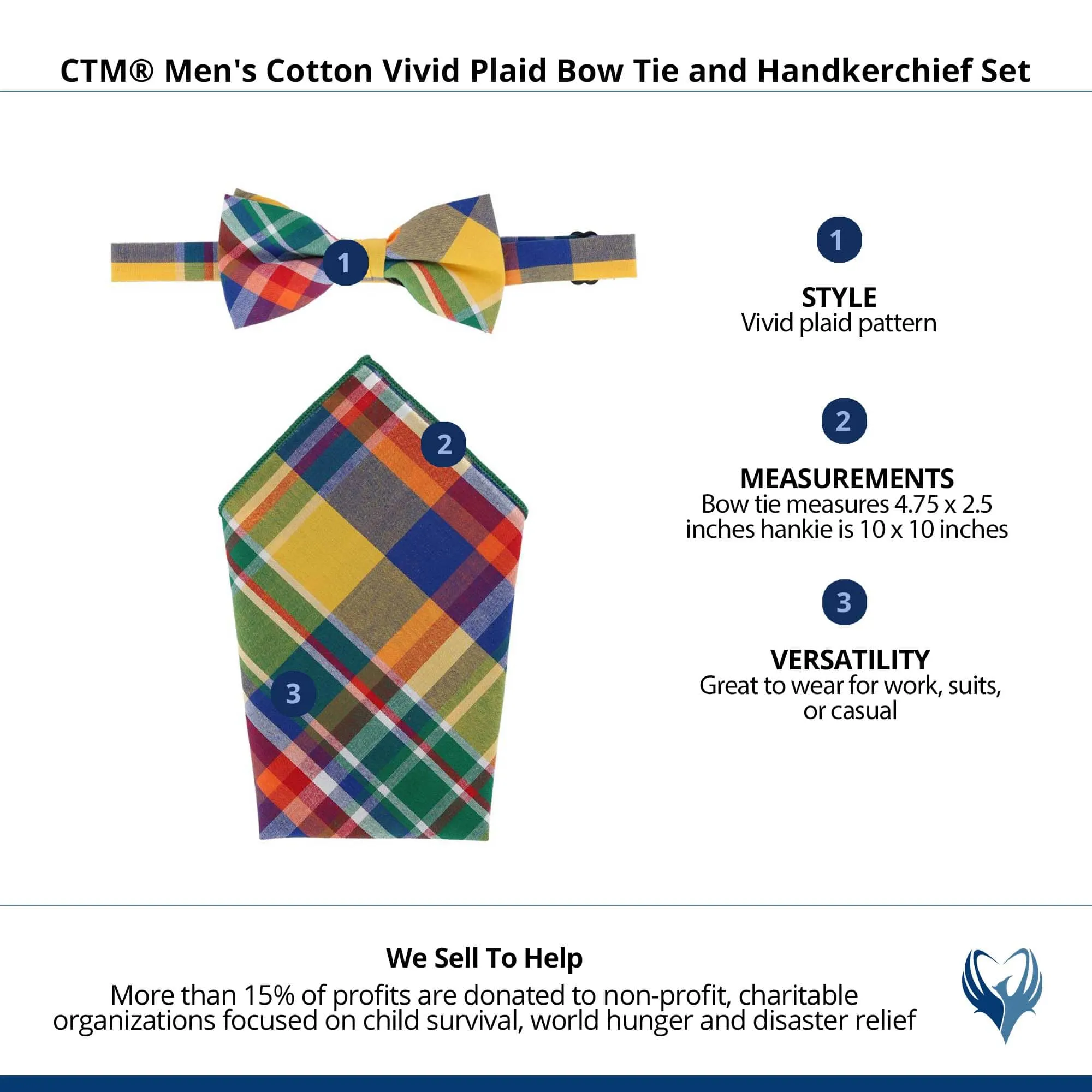 CTM® Men's Cotton Vivid Plaid Bow Tie and Handkerchief Set