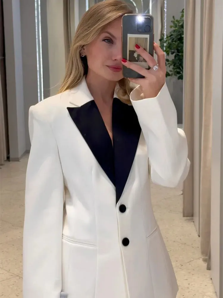 Fashionkova Christmas Gift Outfit Unique Contrasting Lapel Collar Single Breasted Short Suit Coat Elegant Waist Slimming White Jacket New Woman Commuter Wear