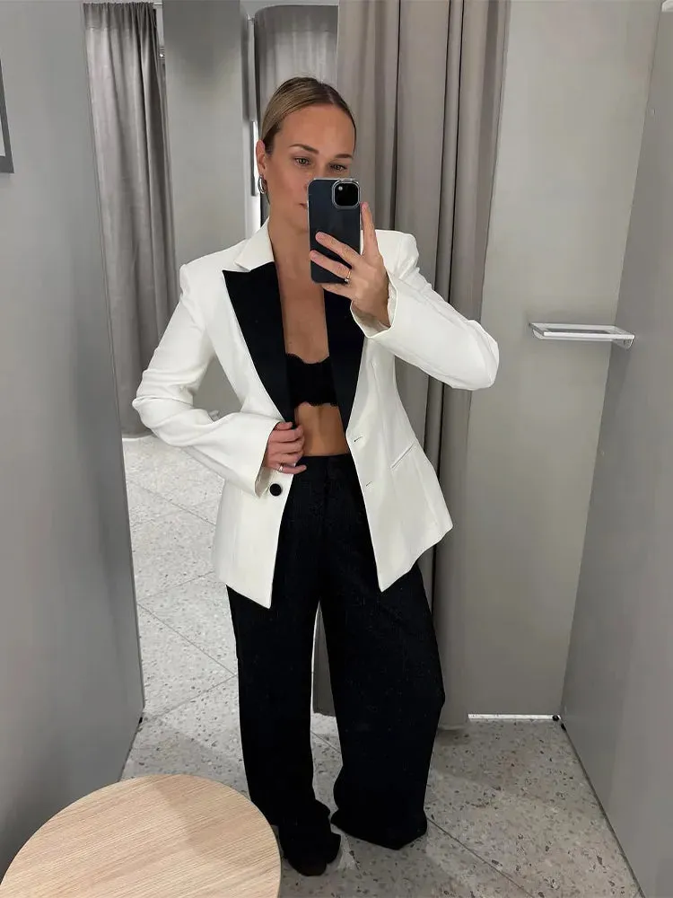 Fashionkova Christmas Gift Outfit Unique Contrasting Lapel Collar Single Breasted Short Suit Coat Elegant Waist Slimming White Jacket New Woman Commuter Wear