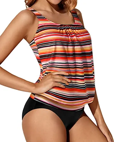 Flattering Two Piece Tankini Women's Loose Fit Blouson Swimwear