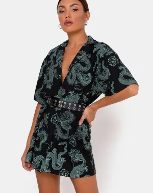 Fresia Dress in Dragon Flower Black and Mint