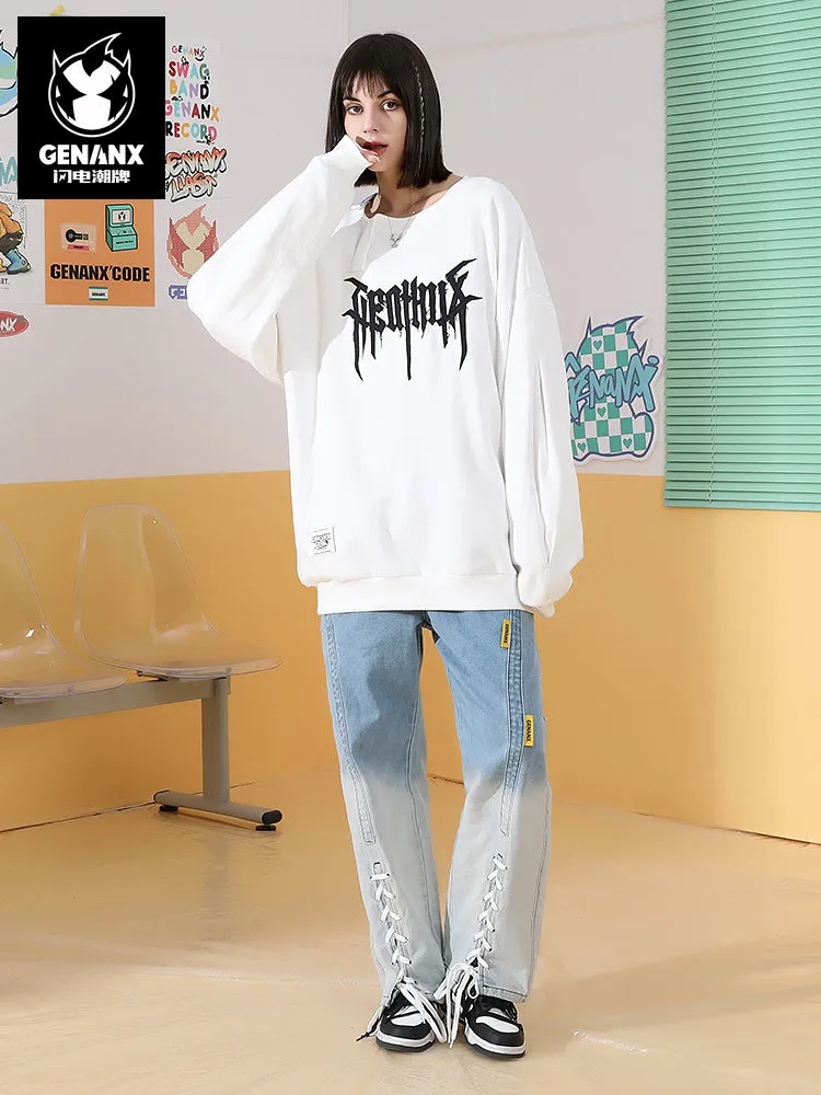 Fun irregular neckline graffiti embroidered applique cloth drop sleeve cotton hoodie