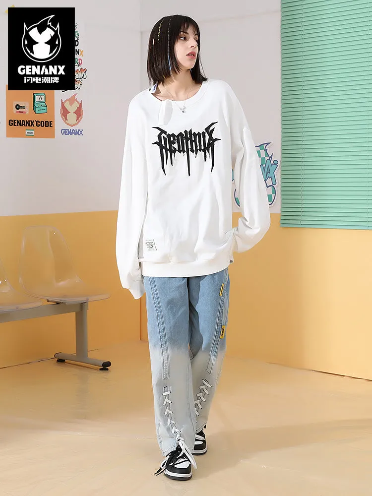 Fun irregular neckline graffiti embroidered applique cloth drop sleeve cotton hoodie