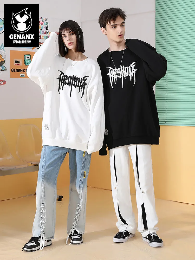 Fun irregular neckline graffiti embroidered applique cloth drop sleeve cotton hoodie