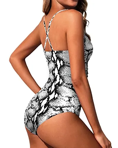 Halter One Piece Swimsuit Tummy Control Bathing Suits High Neck Women-Black And White Snake Print