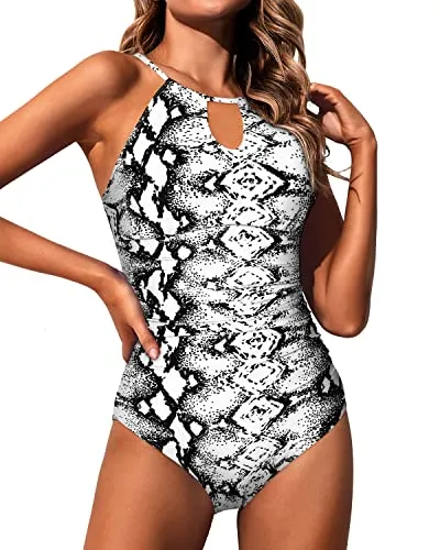 Halter One Piece Swimsuit Tummy Control Bathing Suits High Neck Women-Black And White Snake Print