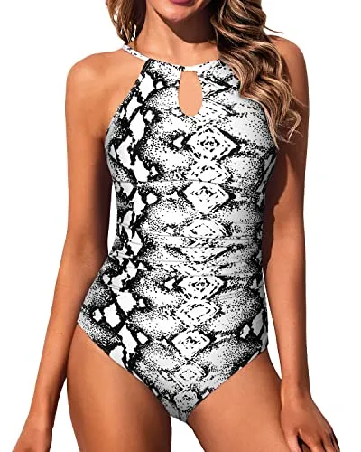 Halter One Piece Swimsuit Tummy Control Bathing Suits High Neck Women-Black And White Snake Print