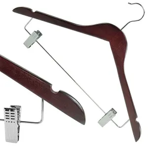 HANGERWORLD 5 Mahogany 17.7inch Wooden Notched Coat Clothes Garment Hangers Non Slip Adjustable Clips