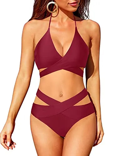 High Waisted Bikini Swimsuit Push Up Halter Wrap Criss Cross 2 Piece Set-Maroon