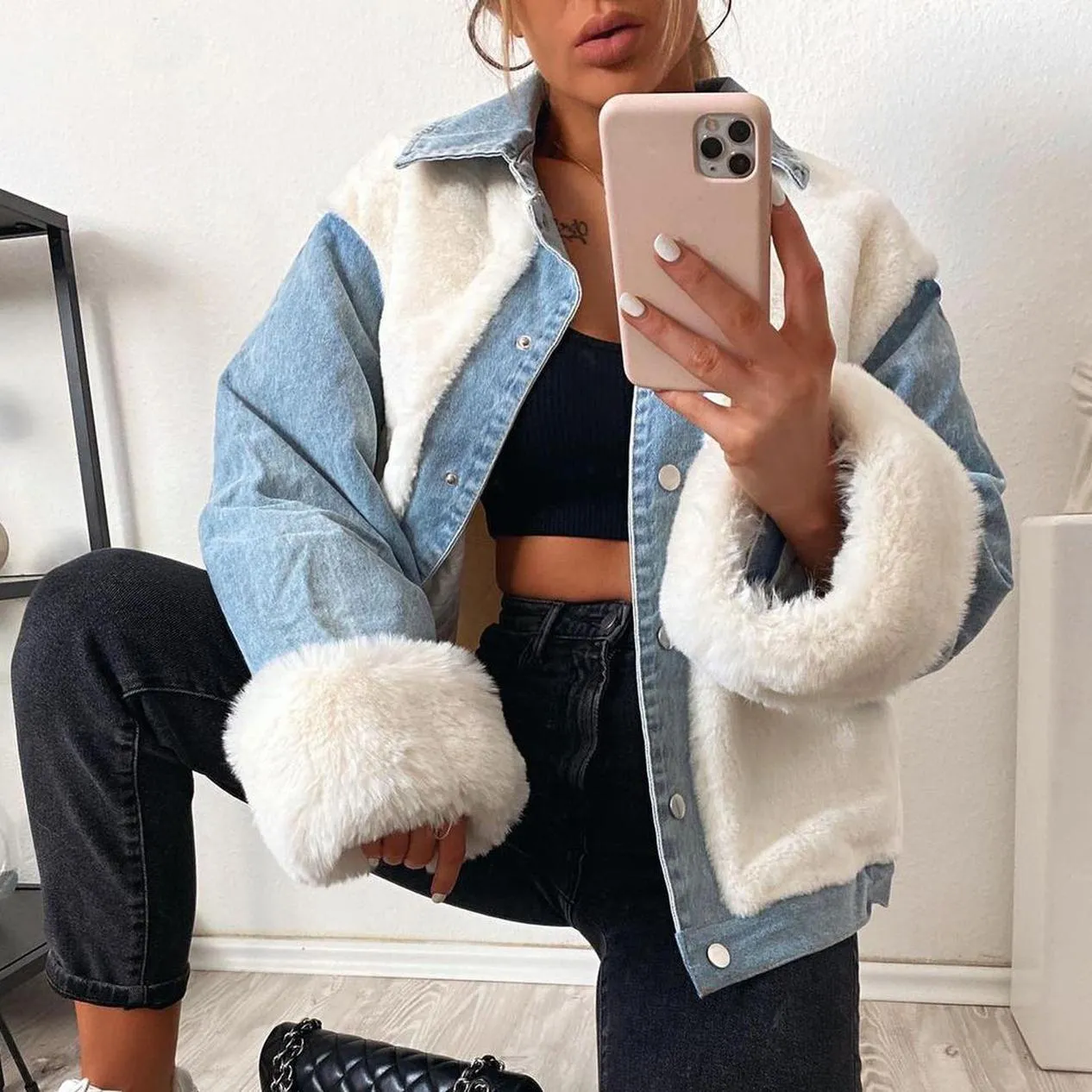 Joskaa hirigin Winter White Faux Fur Coat Women Casual Warm Soft Single Breasted Fur Jacket Plush Overcoat Pocket Teddy Coat Female