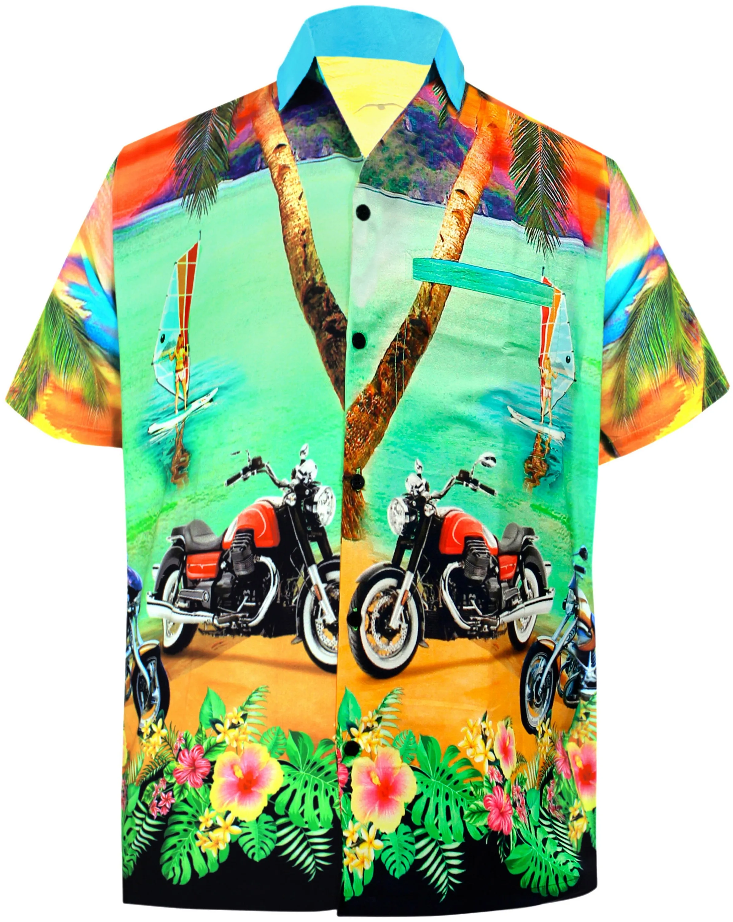 LA LEELA Men Casual Beach wear hawaiian Shirt Aloha Tropical Beach  front Pocket Short sleeve Green