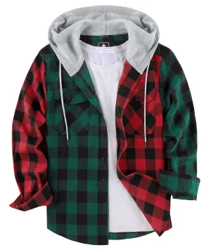 Men's Button up Flannel Plaid Hoodie-ZPK007910