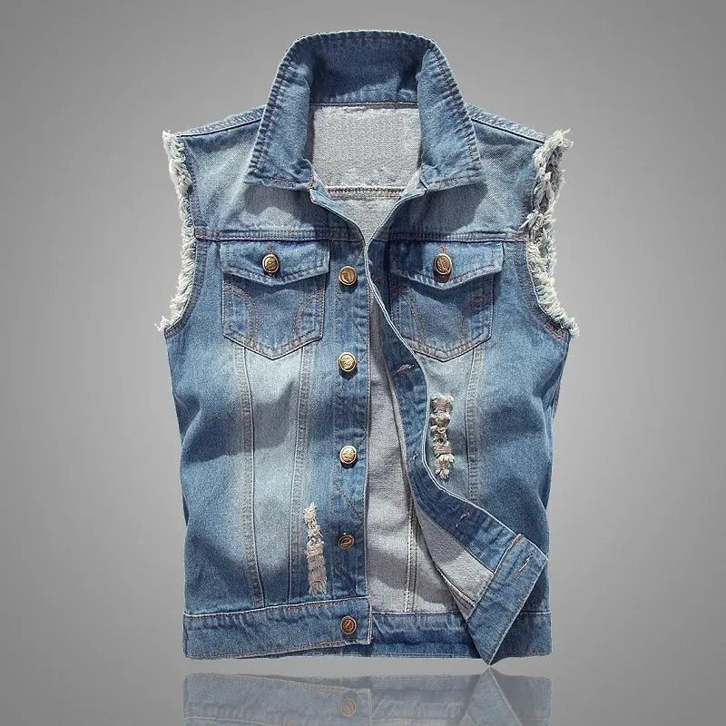 Men's Denim Ripped Hip-Hop Biker Waistcoat Cowboy Sleeveless Motorcycle Vests