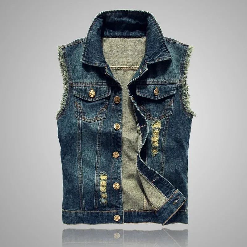 Men's Denim Ripped Hip-Hop Biker Waistcoat Cowboy Sleeveless Motorcycle Vests