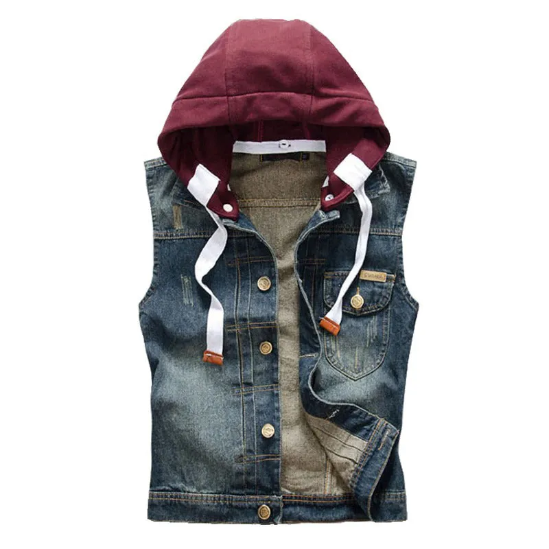 Men's detachable hooded denim vest / Male slim vintage dark blue Tank top Hoodies